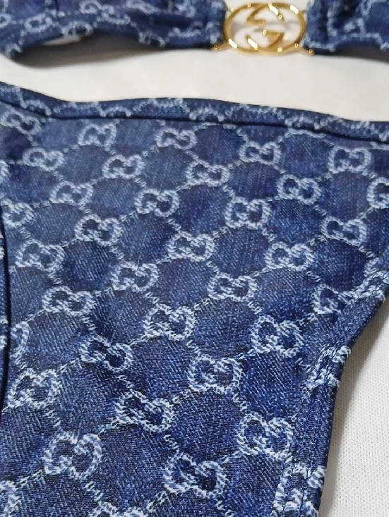 Gucci Navy Blue GG Denim-Effect Bikini with Gold Hardware - Picture 2 of 4